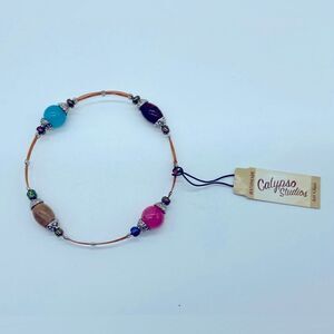 NWT CALYPSO Glass Beaded Pink, Blue & Tan - 4 Copper Wire Bracelet - 3 inches